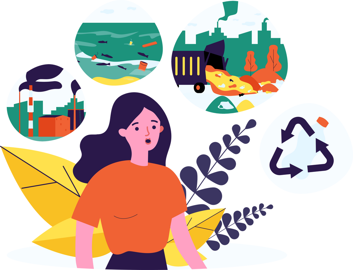 Woman concerned about environmental pollution. Flat vector illustration. Person thinking about ocean and air pollution, recycling, waste disposal. Environmental protection concept